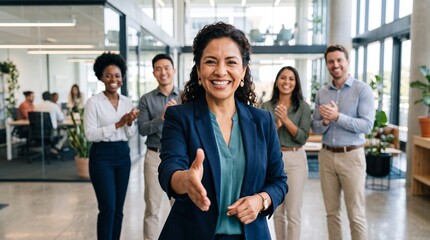 Obraz premium Smiling businesswoman extends hand for handshake with diverse team clapping in modern office setting, symbolizing welcome and partnership.