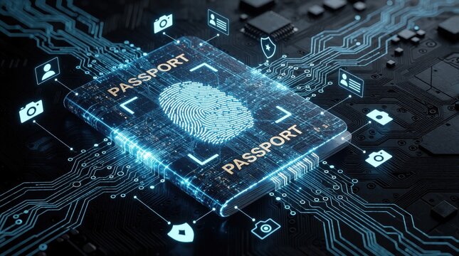 Digital passport with glowing blue fingerprint scan on electronic circuit board. Biometric identity verification system uses high tech data connections for secure travel. Futuristic cyber security
