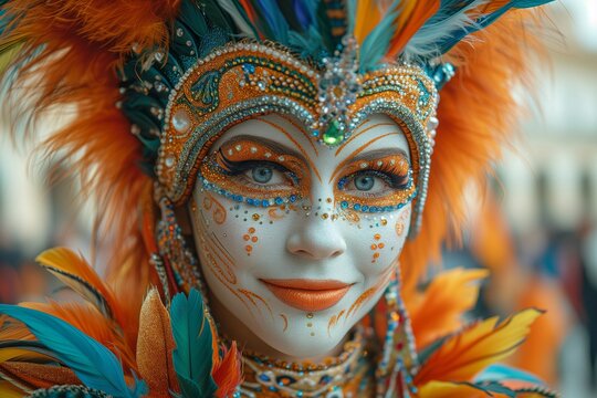 Young woman with make up, painted face and Carnival outfit, ready for the street masquerade