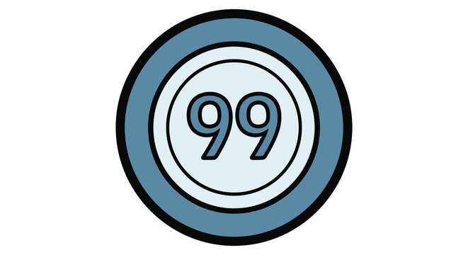 Number 99 icon in blue circle, numeric ninety-nine graphic element, flat vector illustration for countdowns and lists