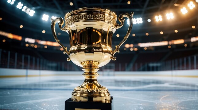 Golden trophy cup stands on ice rink in hockey arena. Shiny championship award trophy sits on frozen surface before empty stadium. Winner prize for hockey tournament competition celebrates victory,