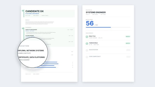 Resume match score rising on a job requirement checklist as a magnifier scans the document