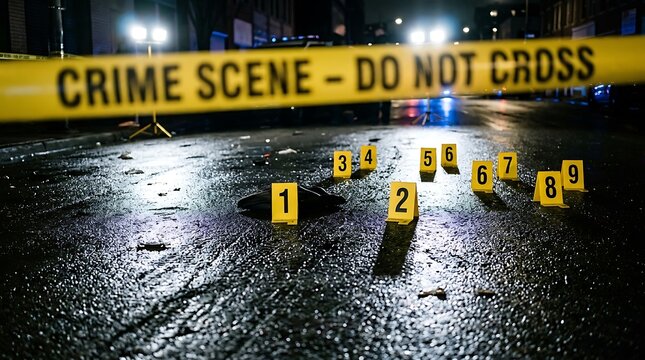 Crime Scene Evidence Markers Yellow Night Asphalt Forensic Police Numbered