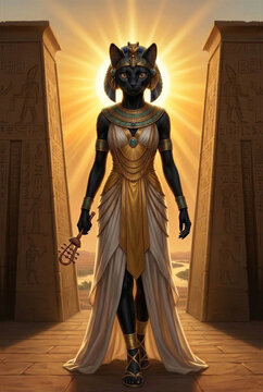 Bastet Emerging from Rising Sun Between Temple Pylons