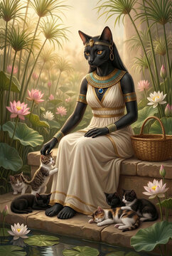 Bastet Stroking Kitten Among Papyrus in Temple Garden