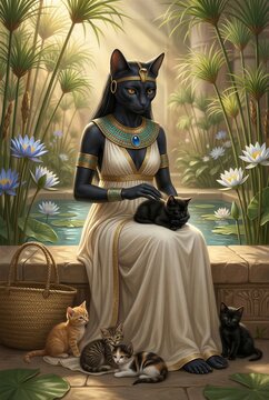 Bastet Seated with Kittens in Sacred Temple Garden