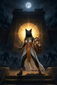 Bastet Defends Temple Against Shadowy Night Creatures