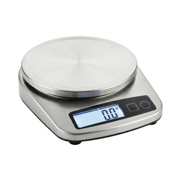 Sleek, modern digital kitchen scale with a brushed stainless steel surface and a clear LCD display showing zero grams, isolated on a transparent background, ideal for food and cooking concepts.