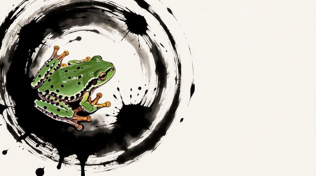 Green frog sits within abstract black ink circle. Japanese art style illustration uses watercolor splashes and brush strokes for unique zen design. Nature amphibian on white background.