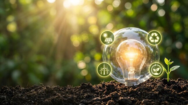 Incandescent bulb emits warm light in rich soil with green power icons in sunny forest.