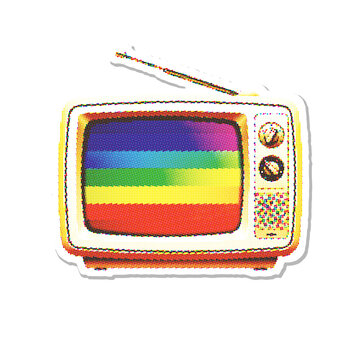 Retro television with rainbow static screen in halftone vector style
