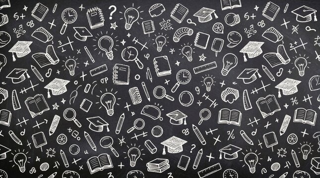 Education doodles, like books, lightbulbs, graduation caps, fill blackboard. This background artwork represents learning, study, academic concepts with hand-drawn chalk style elements for school.