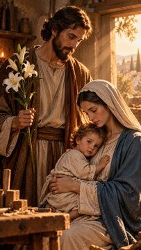 Saint Joseph Protecting Virgin Mary and Child Jesus in Nazareth Home