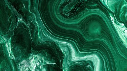 Obraz premium A polished malachite surface displays green banded patterns with a natural stone backdrop. The image has space for text or design elements.