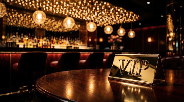 Golden VIP sign on wooden table in luxury nightclub. Blurred bar background with golden bokeh lights creates festive elegant atmosphere for elite friends and exclusive events.