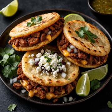 Three traditional Mexican gorditas stuffed with tasty chicharron meat, cheese on dark plate. Tasty corn cakes topped with white cheese, beans. Fresh lime wedges, cilantro garnish street food snack