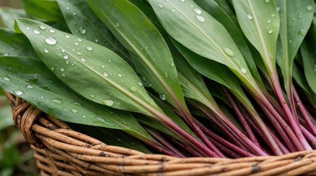 Close up of fresh green ramps with reddish stems in wicker basket. Wild leeks with water drops sit in rustic container. Organic spring vegetables foraged from forest ready for cooking. Healthy raw
