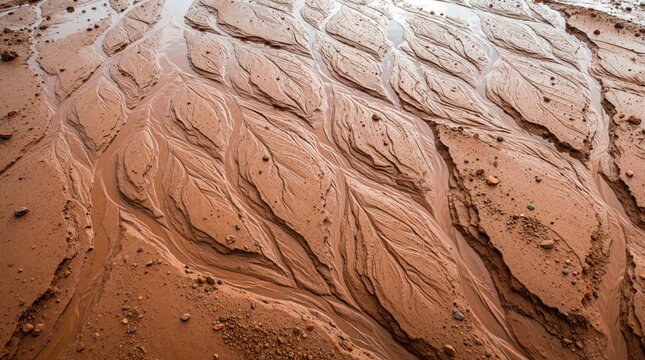 Natural texture of wet brown mud, silt on ground. Water erosion creates unique patterns with small rivulets, channels. Earthy surface shows sediment flow after rain riverbed runoff in nature. Dark