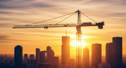 Obraz premium Construction crane silhouette standing over a modern city skyline during a golden sunset with bright orange glowing evening sky