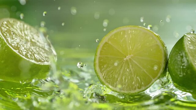 Super Slow Motion Shot of Fresh Lime Falling into Water and Making Splash at 1000fps.