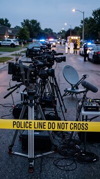 Crime Scene Tape News Media Cameras Outside Police Investigation Press