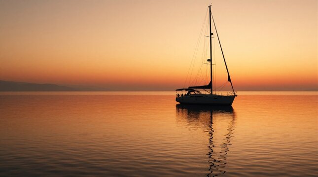 Sailboat drifts on calm sea during golden hour sunset. Horizon shows land silhouette. Warm orange sky reflects on water surface creating peaceful scene for travel.