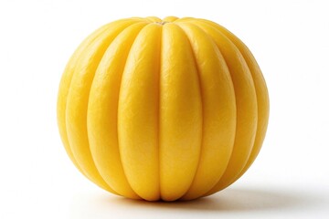 Obraz premium Whole fresh yellow canary melon with smooth ribbed texture on white background. Ripe tropical fruit looks juicy, delicious. Organic summer produce for healthy diet, vegetarian snack sweet dessert