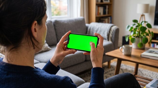 Smartphone featuring a bright green chroma key display held horizontally by a person sitting on a plush grey sofa inside a brightly lit living room.
