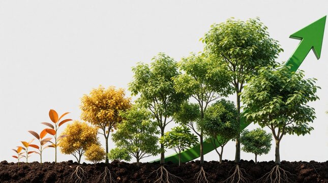 Small plants grow into big green trees along upward green arrow. Concept of nature progress, forest expansion. Success of eco growth, reforestation in soil. Increasing vegetation shows environmental