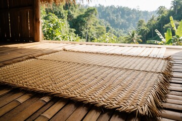 Obraz premium Bamboo floor, woven mat on outdoor terrace. Natural wood deck with tropical jungle view. Empty balcony space offers peaceful zen atmosphere for meditation yoga. Summer vacation concept in exotic eco