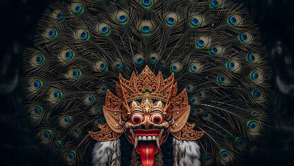 Fototapeta premium Traditional Balinese Masked Dancer with Ornate Peacock Feather Headdress against Dark Background