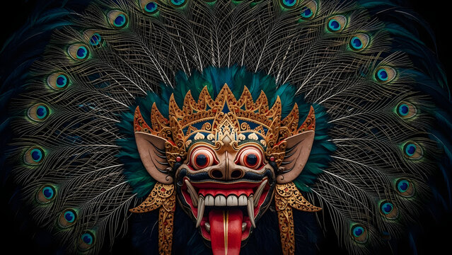 Traditional Balinese Rangda Mask with Peacock Feathers on Dark Background