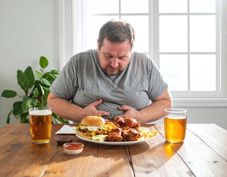 An overweight man holding his stomach in pain while sitting at a wooden table full of junk food and beer, suffering from indigestion, stomachache, and discomfort due to overeating.