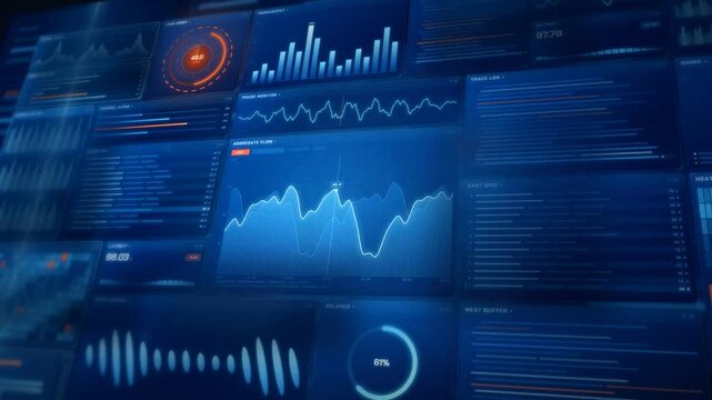 Glowing blue data monitoring wall with an area chart radar dial and waveform panels on loop
