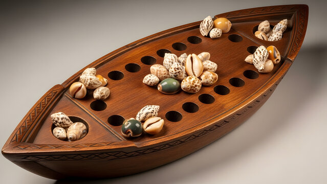 Handcrafted Wooden Mancala Board Game With Sea Shell Game Pieces For Strategic Traditional Tabletop Entertainment