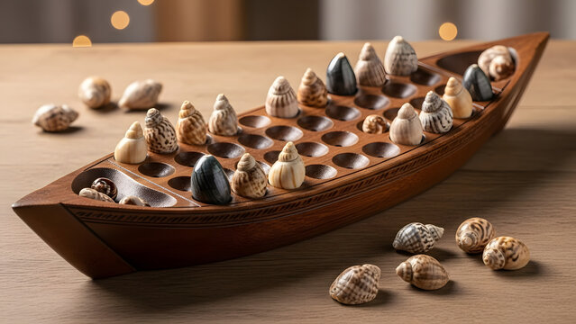 Traditional Southeast Asian Congkak board game with wooden boat and seashells on a wooden table