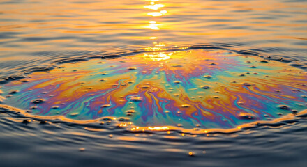 Obraz premium Oil slick floating on calm water surface creating iridescent rainbow colors reflecting golden sunset light in a detailed environmental shot