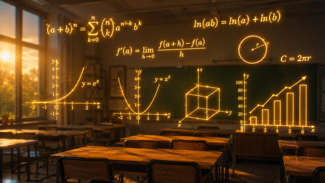 Glowing mathematics formulas and analytical graphs in classroom for STEM education and academic learning