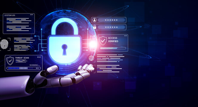A futuristic robot hand extends toward a digital lock, symbolizing advanced cybersecurity and access control within a high-tech environment, illuminating the importance of data protection. Nascent