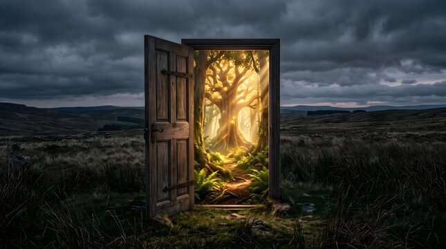 Antique wooden door standing in a dark field opening to a glowing magical forest portal