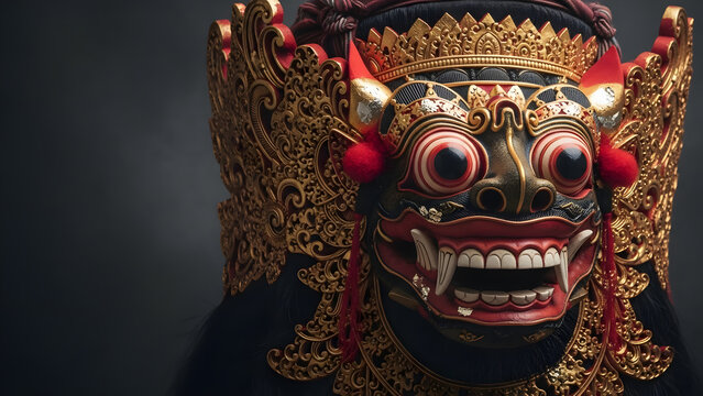 Intricate Balinese Barong mask, a symbol of good, with a dark, ominous background