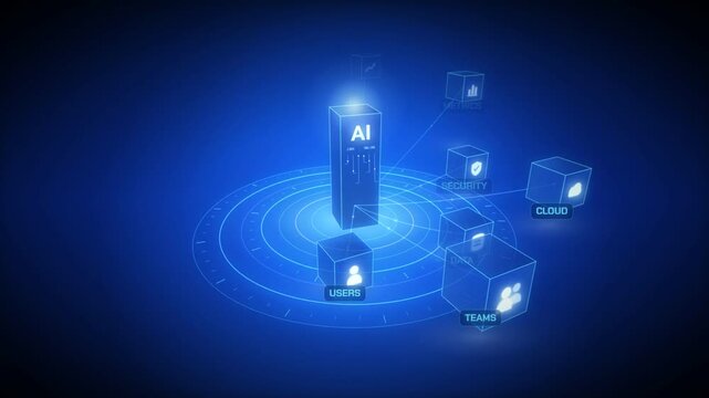 AI core rising on a platform with orbiting data cubes and floating dashboard panels