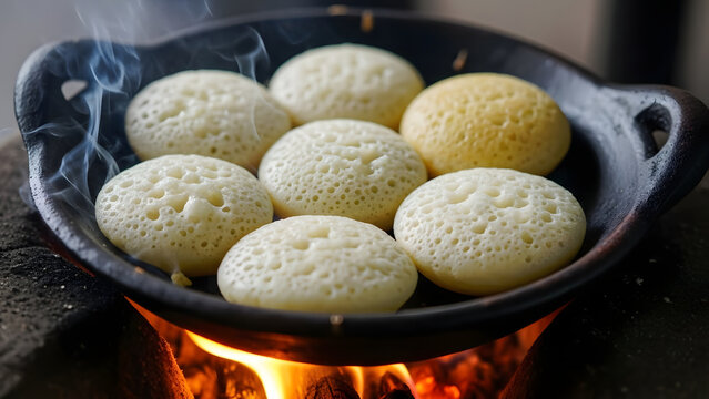 Traditional Sri Lankan Appam cooking on a clay pan over an open fire with visible steam