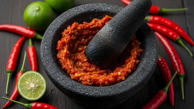 Homemade traditional chili paste or sambal in a stone mortar with fresh red chili peppers and limes on a wooden background