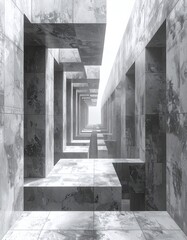Obraz premium Abstract brutalist concrete structure creating a surreal geometric corridor towards bright light. Modern minimalist architectural concept evoking mystery with nobody present.