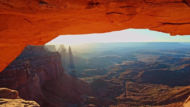 Early morning sunlight reflects intense fiery orange tones beneath Mesa Arch overlooking vast desert canyons in Utah