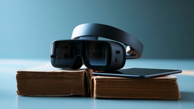 Virtual reality headset rests on old books, symbolizing future of learning
