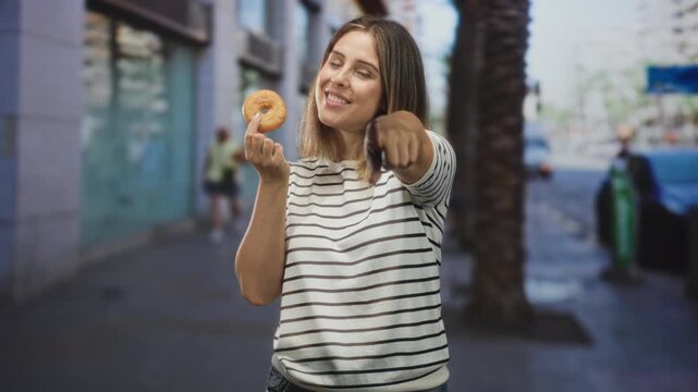 Woman holding a donut and pointing finger toward camera on a busy urban street with storefront and palm tree; playful invitation.