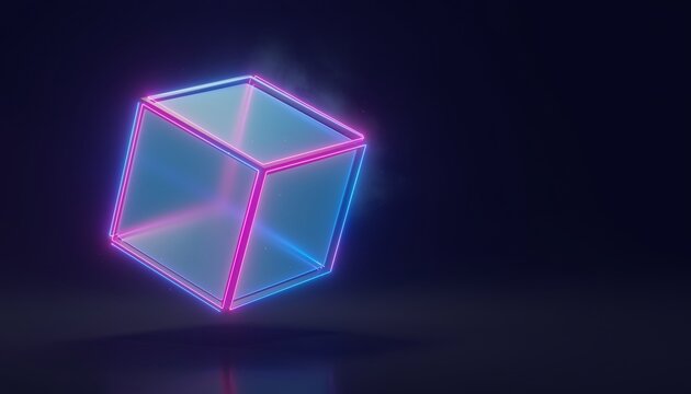 A glowing neon glass cube floats in a dark futuristic space with pink and blue light. This sleek abstract geometric concept evokes wonder and tech innovation with nobody present.