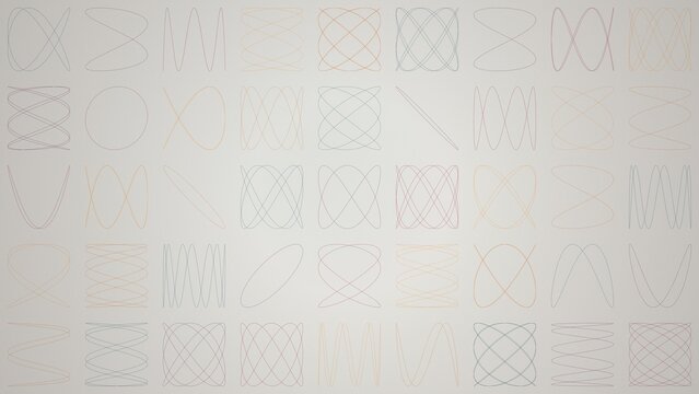 Grid of various geometric line shapes including ellipses and curves in thin gray and orange on a light neutral background, mathematical